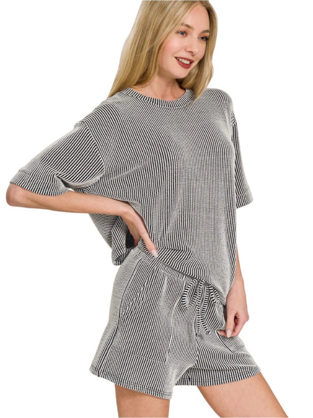 Zenana Women’s Black & White Striped Lounge Set - Comfort Top & Shorts